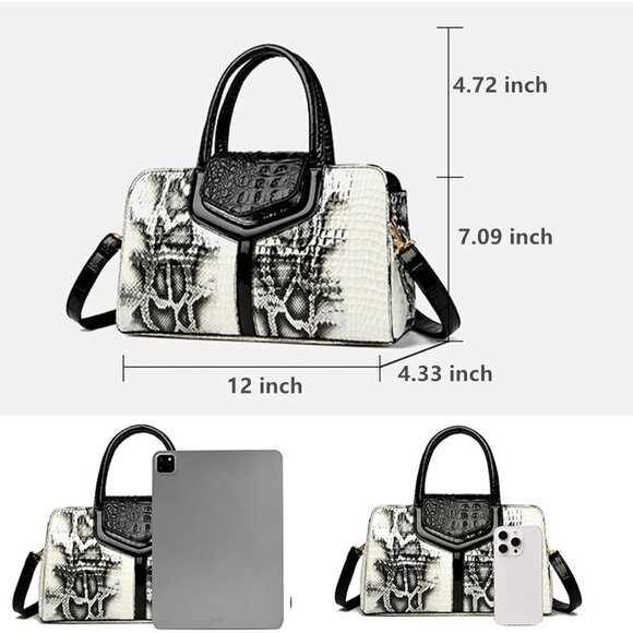 Black and White Crocodile Pattern Faux Leather Top Handle Satchel with Detachabl - Picture 4 of 6